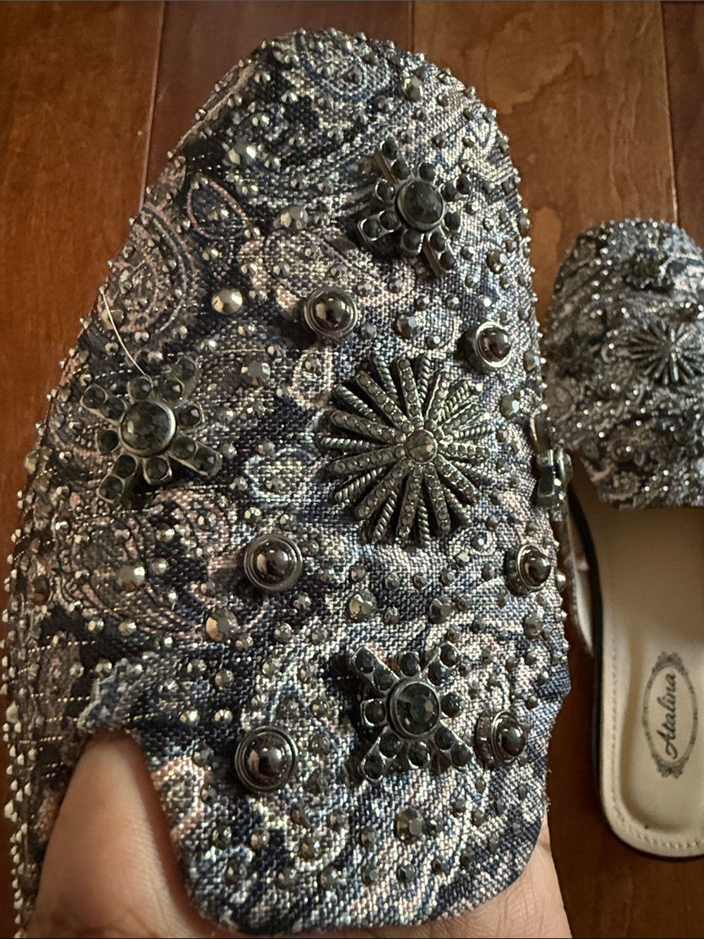 Embellished Blue Slip-On Mule with Metallic Floral Accents